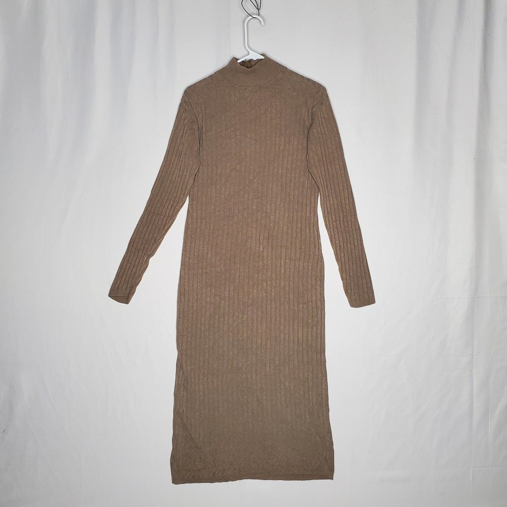 August Silk Knit MaxiSweater Dress Large Mock Neck Long Sleeve Brown Rib Knit